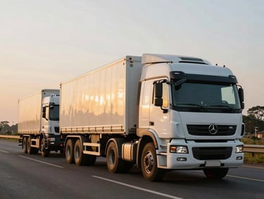 A convoy of heavy-duty white logistics trucks driving on a paved regional highway corridor in West Africa, golden hour light reflecting off the cabins, expansive sky.
