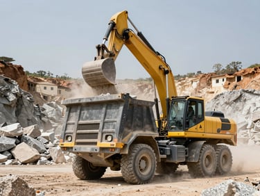 Low-angle heroic shot of a heavy excavator loading raw granite into a branded M'Rabots dump truck inside a dusty West African quarry, harsh natural daylight highlighting dust and steel.
