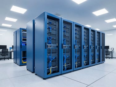 Wide-angle architectural view of a pristine corporate data center with blue server racks and clean cable management, cool technical lighting.