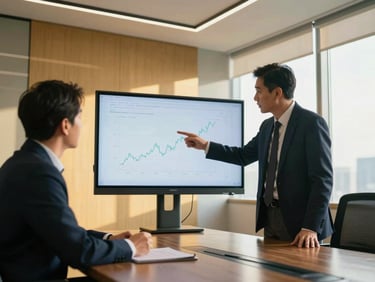Candid shot of two executives in a modern boardroom, one gesturing towards a screen with a subtle financial graph, focused interaction, dramatic lighting.
