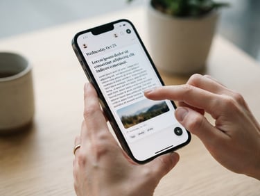 Close-up of hands interacting with a mobile screen displaying a beautiful typography-focused journal app, soft daylight
