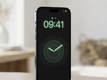 High-fidelity 3D device mockup of a smartphone showing a clean dark-mode clock interface with soft green accents, soft daylight