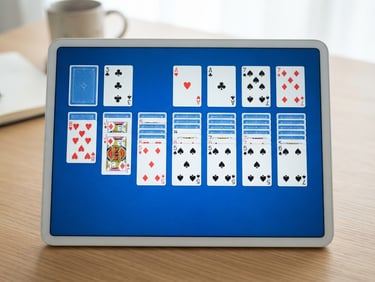 Minimalist device mockup displaying a clean solitaire card game layout with vibrant blue accents, shallow depth of field