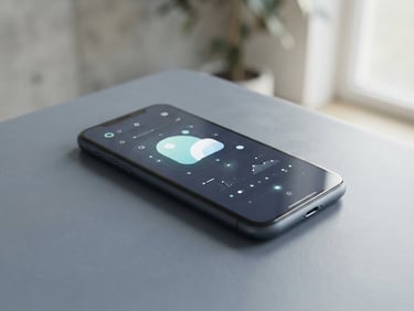Minimalist 3D device mockup of a clean mobile interface, soft natural daylight, shallow depth of field, sharp UI details on a slate screen