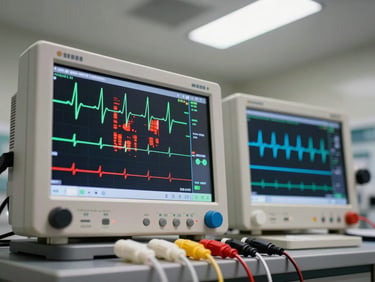 Close-up of ECG waveform on a medical-grade test monitor in a clinical lab environment, signal trace showing artifact interference on one channel and clean output on an adjacent channel, overhead fluorescent lighting, test leads and electrode connectors in foreground