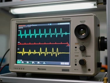 Close-up of an oscilloscope screen in a vehicle test rig showing two overlaid waveform traces — one noisy accelerometer signal, one cleaned output — under harsh overhead fluorescent lighting, automotive PCB connectors visible at frame edge