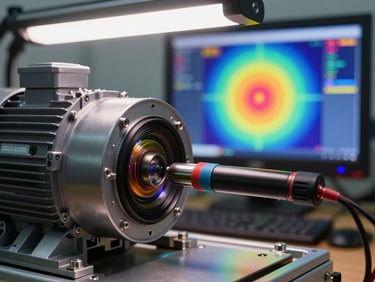 Macro close-up of a thermographic measurement rig pointed at industrial motor housing, false-color thermal gradient visible on a connected monitor in the background, task lighting from above, metal enclosure and sensor wiring in sharp foreground detail