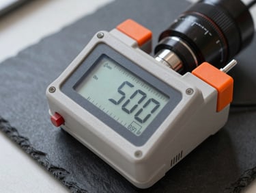 Close-up of technical measuring equipment with digital display showing precise readings, placed on a dark slate surface, sharp side lighting.
