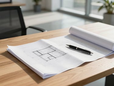 Clean documents on a wooden desk with a pen and architectural blueprint under bright natural light, 35mm