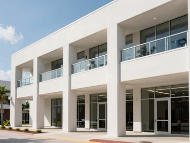 Bright sunlit modern commercial property exterior in Florida, clean architectural lines, morning light, 35mm