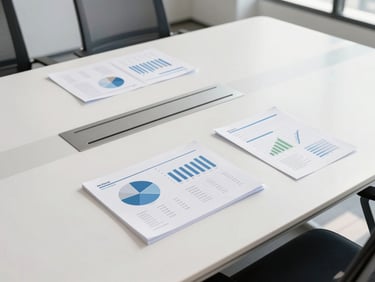 Bright overhead flat-lay of a modern conference table with financial reports and clean architectural lines, 35mm