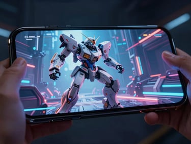 Dramatic low-angle shot of a high-fidelity 3D sci-fi mech combat game active on a mobile screen, neon backlighting, glowing screen reflections on hands.
