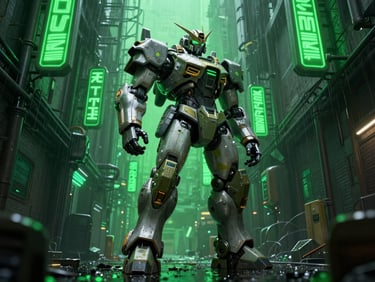 Cinematic 3D render of a heavy armored mech in a rain-slicked cyberpunk alley, toxic green neon signs, low-angle shot, high-contrast