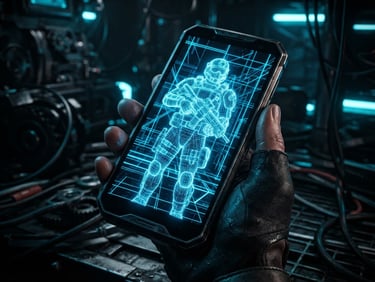 Dramatic close-up of a mobile device displaying a wireframe 3D game model, glowing neon electric blue backlighting, high-contrast cyber-industrial viewport, octane render