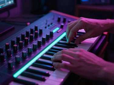 Close-up of hands adjusting knobs on an analog synthesizer in a dark studio with glowing cyan and magenta LED strips