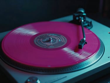 Close-up of a vibrant translucent magenta vinyl record spinning on a turntable, dramatic neon cyan backlighting, dark moody background