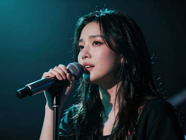 Intimate portrait of a female singer with a microphone, moody dark background with soft turquoise spotlight