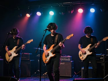 Dramatic stage lighting with heavy backlighting on an indie rock band performing live, moody dark-mode music photography