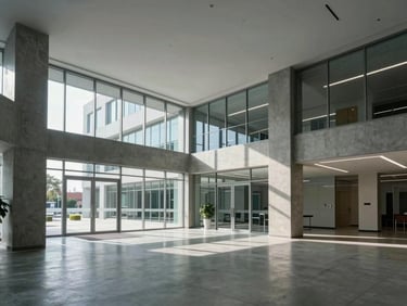 Wide-angle architectural photograph of a modern, clinical office lobby with clean concrete columns, glass partitions, and sharp geometric shadows under cool overcast daylight.