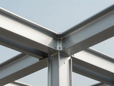 A macro study of an aluminum architectural structure, clean geometric shadows, cool clinical daylight.