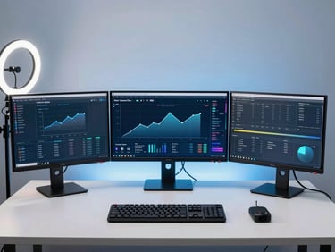 Wide shot of a content creator's streaming setup — three monitors, ring light off to one side, keyboard and capture card visible, analytics overlay on the center screen showing rising follower count, cool blue-white studio lighting, no person in frame