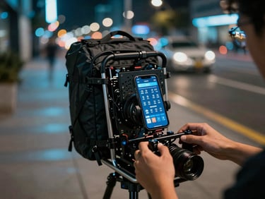 Wide environmental shot of an IRL streaming backpack rig on a city sidewalk at night, phone screen showing live viewer count, neon urban light sources creating high-contrast blue and teal reflections, creator hands adjusting equipment