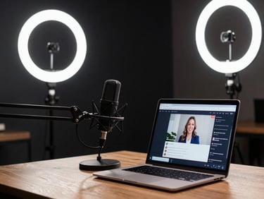 Medium shot of a podcast-style streaming desk setup — professional microphone, ring light illuminating a dark studio backdrop, laptop screen open to a talk-show stream with live chat visible, sharp cool overhead lighting