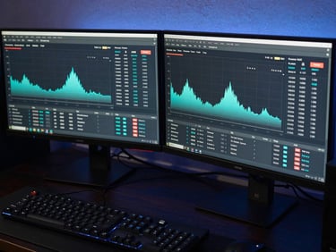 Close-up overhead of dual gaming monitors displaying live Twitch stream analytics — subscriber spike chart, concurrent viewers at peak, cool studio lighting, mechanical keyboard in foreground, dark workspace
