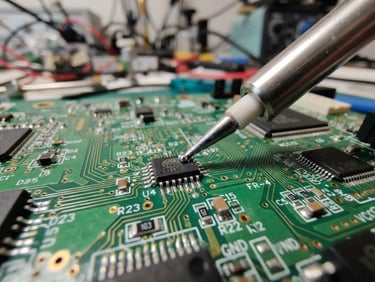 Macro shot of a high-precision soldering iron touching a micro-chip on a green motherboard, sharp focus, clean workshop natural daylight