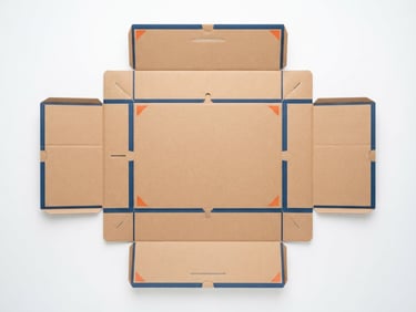 Crisp product photography of flat-laid, unassembled double-wall corrugated boxes, bright high-key studio lighting, clean white background, sharp geometric angles, 50mm lens.