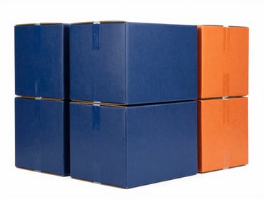 Crisp product photography of stacked flat-pack shipping boxes in a clean bright warehouse, high-key studio lighting, 50mm lens
