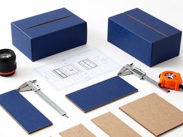 A clean, organized packaging design studio with flat-laid technical blueprints of box dimensions, digital calipers, and sample corrugated board cuts, bright daylight, 50mm lens.