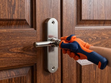 Crisp focus on a heavy-duty stainless steel deadbolt being installed on a solid timber front door, professional tools visible, daylight.