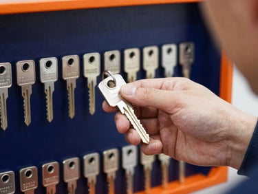 Tight focus on a commercial master key system being tested by a technician, high-contrast lighting, crisp commercial photography