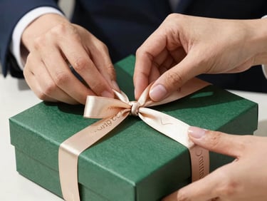 Close-up of designer hands wrapping a corporate gift box with custom embossed ribbon, elegant studio lighting