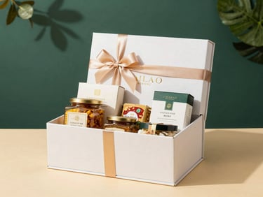 A luxury corporate gift hamper with custom branded packaging, elegant ribbon, and gourmet delicacies on a warm champagne surface