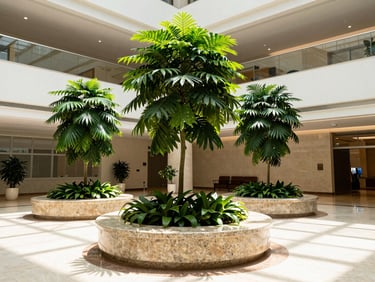 A wide architectural interior of a sunlit corporate lobby featuring towering, manicured indoor plants and sleek granite surfaces, bright natural daylight, 35mm lens.