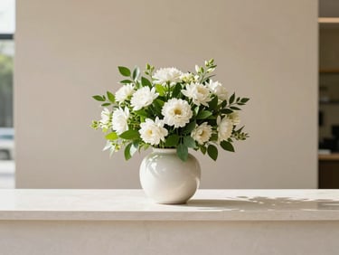 An elegant minimalist ceramic vase holding a structured white and green floral bouquet on a sleek reception counter