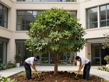 Professional landscape technicians planting a mature specimen tree in a modern corporate courtyard, clean soil, architectural background, daytime