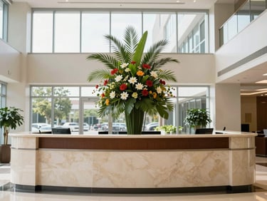 A bright corporate lobby with a large architectural floral arrangement on the main reception desk, natural window light