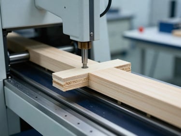 Close-up of industrial testing machinery compressing a cross-laminated timber beam in a clean laboratory setting, cool technical lighting, 35mm