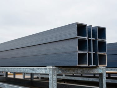 Heavy structural Laminated Veneer Lumber LVL beams stacked on steel racks, thick engineered wood layers, cool overcast daylight