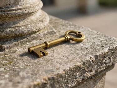 A close-up of a heavy brass key resting on a weathered stone ledge of a French château, soft morning light casting long shadows.