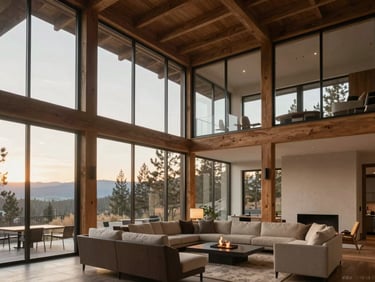 Crisp architectural 3D rendering of a modern Tahoe great room with soaring glass walls, showing structural steel beams and precise timber framing, soft interior hearth-light.