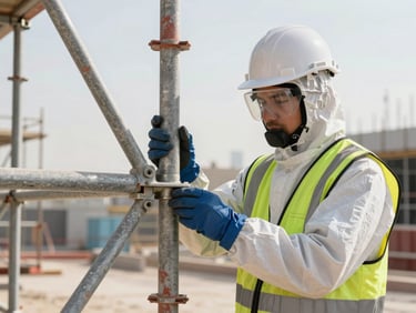 An engineer in full safety PPE inspecting a scaffolding connection joint on an active Abu Dhabi construction site, morning light, high-visibility details.