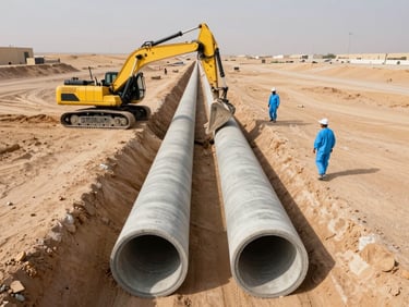 Low-angle drone shot of heavy excavators laying large concrete stormwater pipes in a structured trench, Abu Dhabi desert daylight, high-contrast, workers in clean blue PPE.
