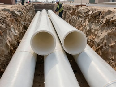 Close-up of high-density polyethylene stormwater pipes being laid in a deep, shored trench under the supervision of an engineer in Abu Dhabi, high-contrast morning light.