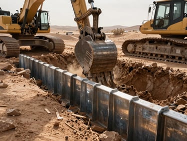 Detailed shot of heavy machinery executing deep excavation and trench shoring with steel sheet piles, crisp morning desert light, metal surfaces reflecting sun.