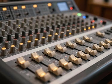 Close-up of a premium professional audio mixing console in a modern church, warm golden LED lights reflecting on faders, shallow depth of field.