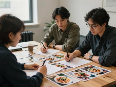 Wide environmental shot of a small agency meeting: two people at a wooden table covered with printed photographs of food and a hand-annotated page, natural light from a side window, no eye contact with camera, relaxed and focused atmosphere